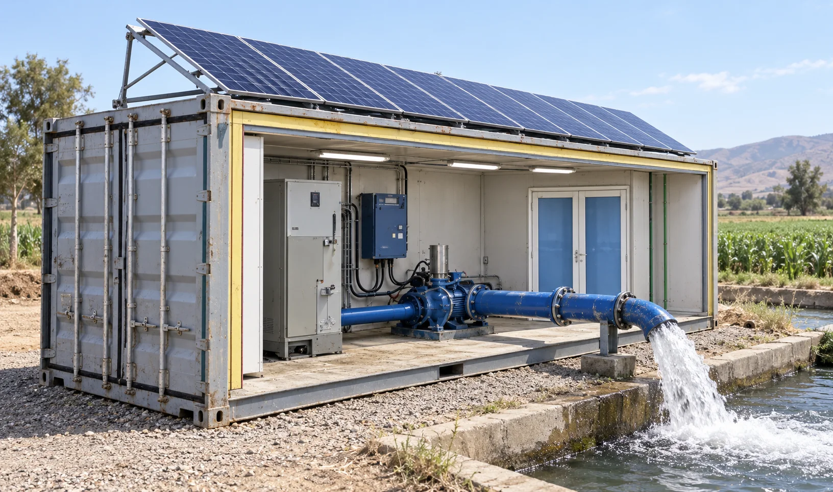 Contenedor KAU con paneles solares en el techo y la bomba de agua vertiendo a una acequia