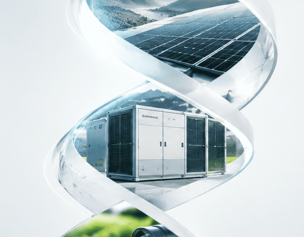 Doble hélice de ADN con paneles solares y un armario de energía