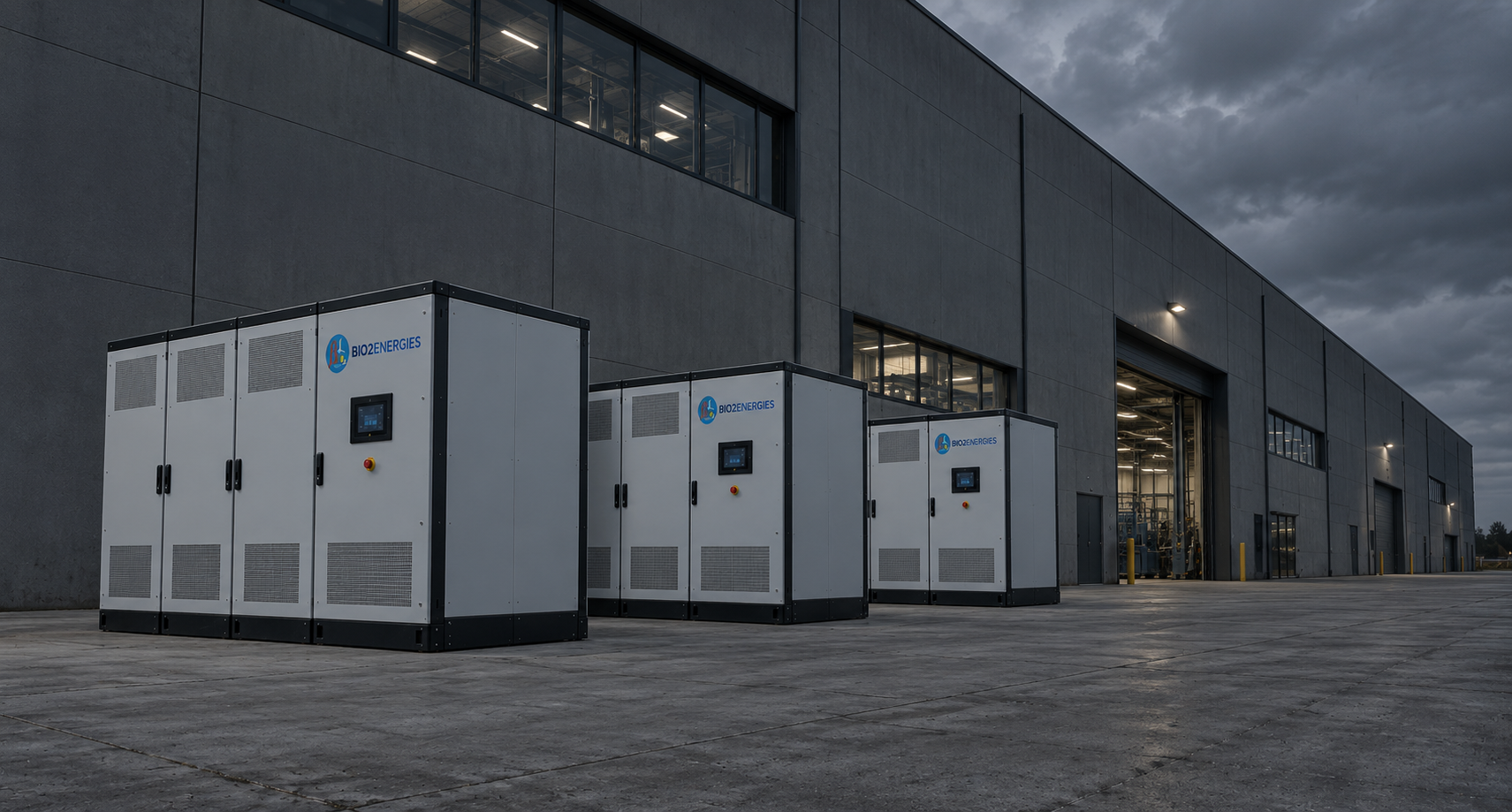Tres equipos GIGA junto a una nave industrial