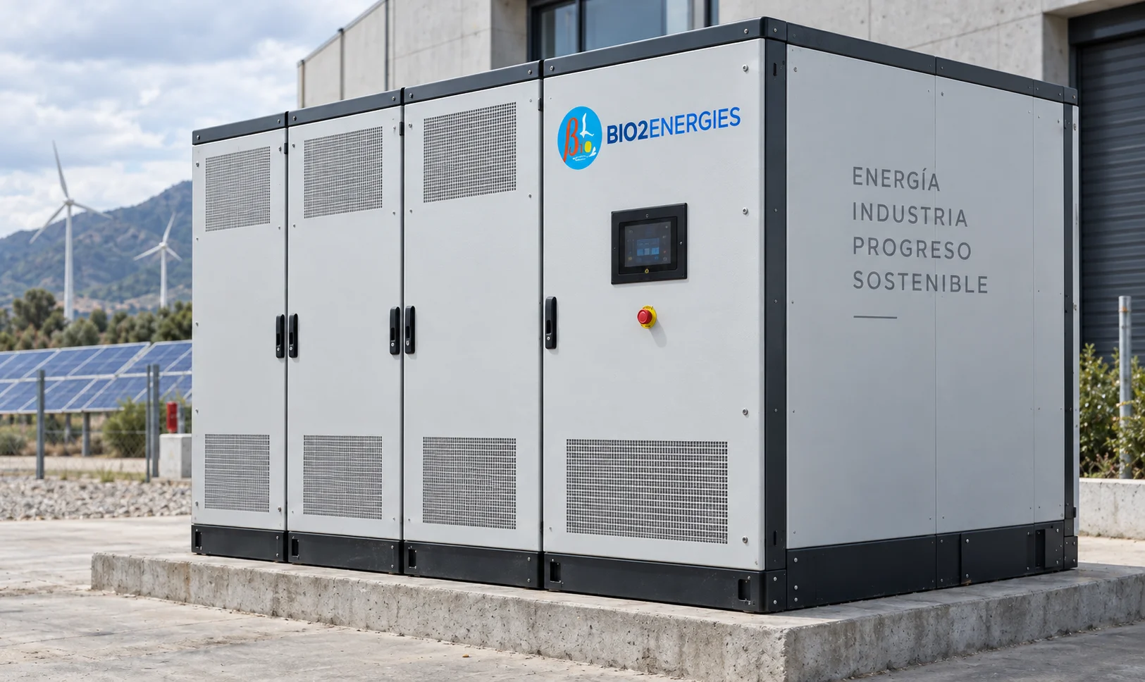 GIGA de BIO2ENERGIES sobre su losa junto a una nave, con paneles solares y aerogeneradores al fondo