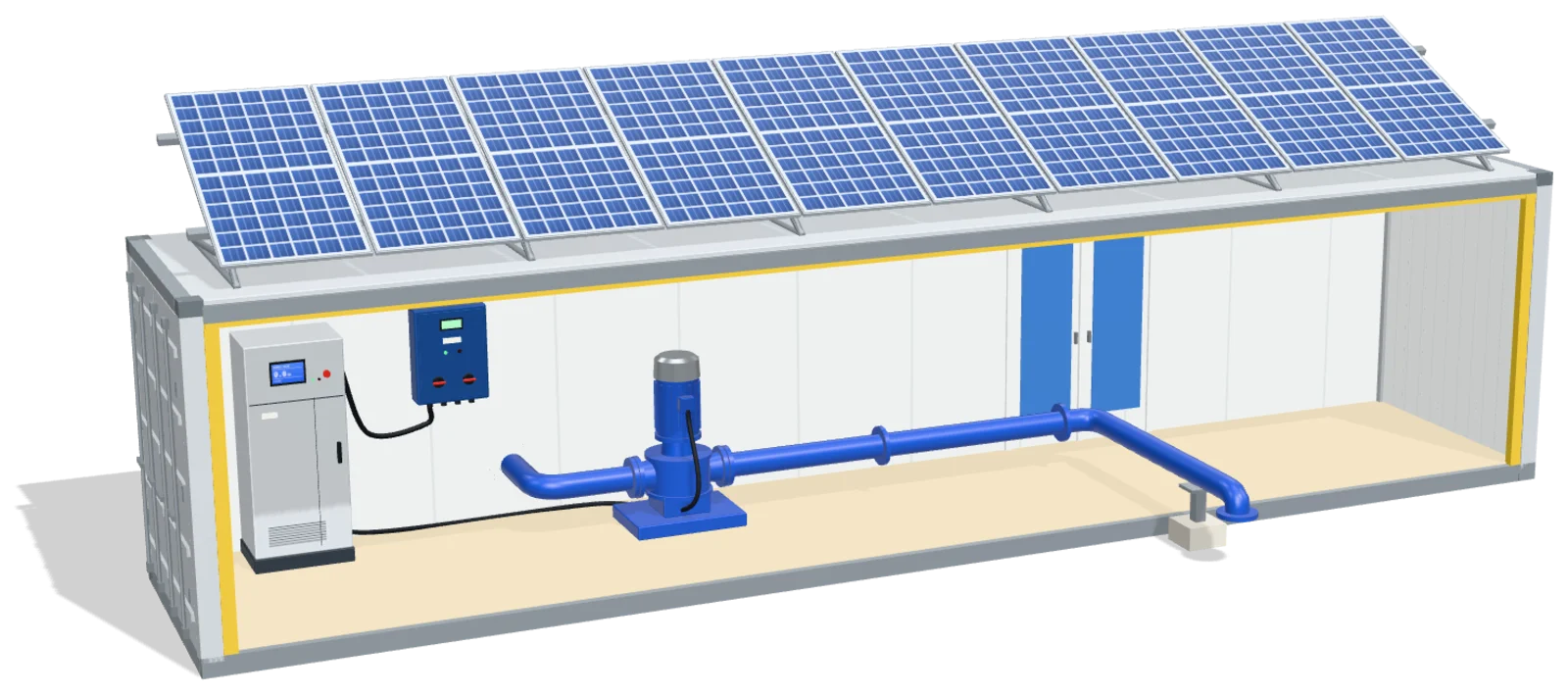 Contenedor KAU montado con paneles solares, inversor de bombeo, cuadro de protecciones y bomba de agua
