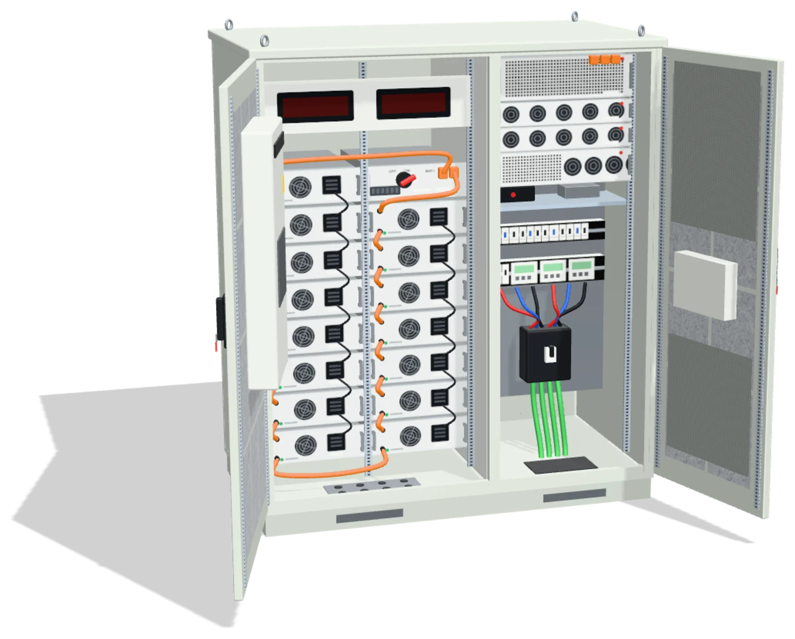 GIGA abierto: módulos de batería en dos columnas unidos con cables naranjas, convertidor, STS, control y protecciones